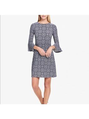 Tommy Hilfiger Shift Dress Women Size 14 Geometric Print Bell Sleeves
